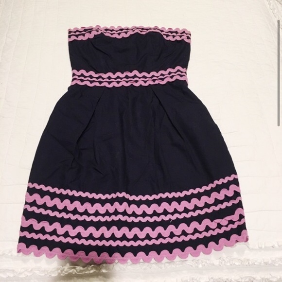 French Connection Navy & Purple Ric-Rac Strapless Dress size 2 - Picture 2 of 4